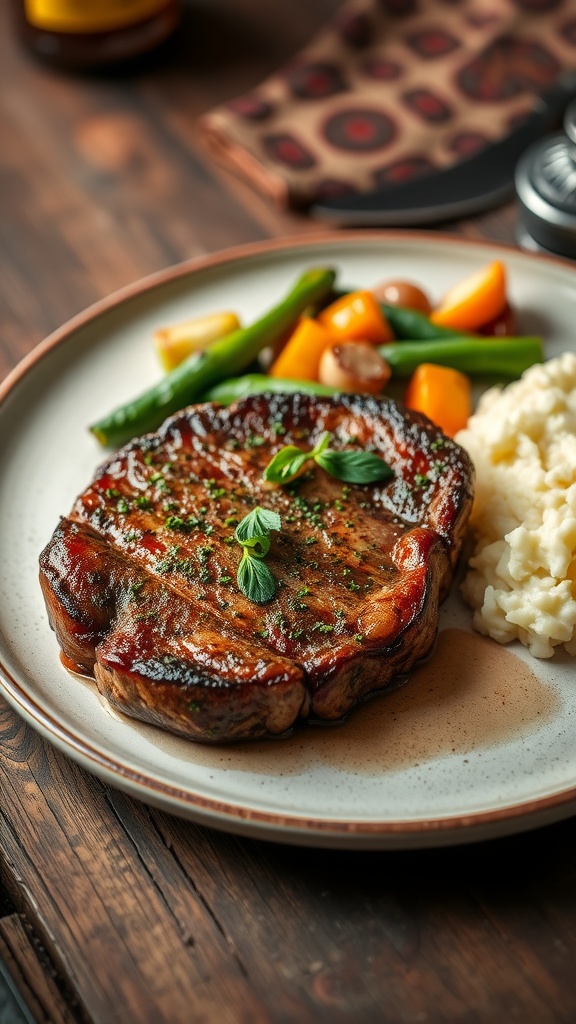 A gourmet herb-crusted steak plated with fresh herbs and sides of vegetables and mashed potatoes on a rustic table.
